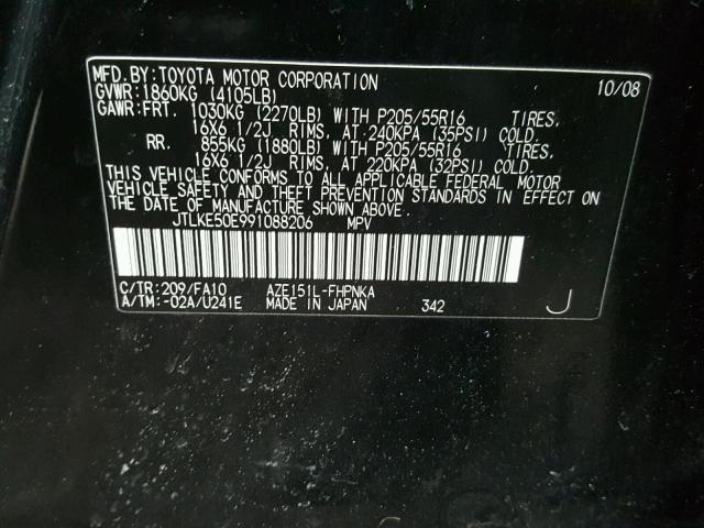 JTLKE50E991088206 - 2009 TOYOTA SCION XB BLACK photo 10