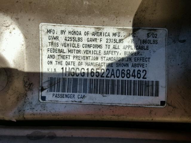 1HGCG16522A068462 - 2002 HONDA ACCORD EX GOLD photo 10