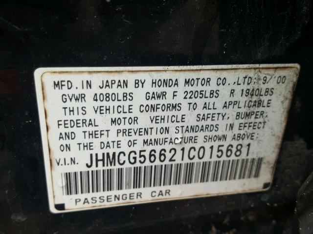 JHMCG56621C015681 - 2001 HONDA ACCORD EX BLACK photo 10