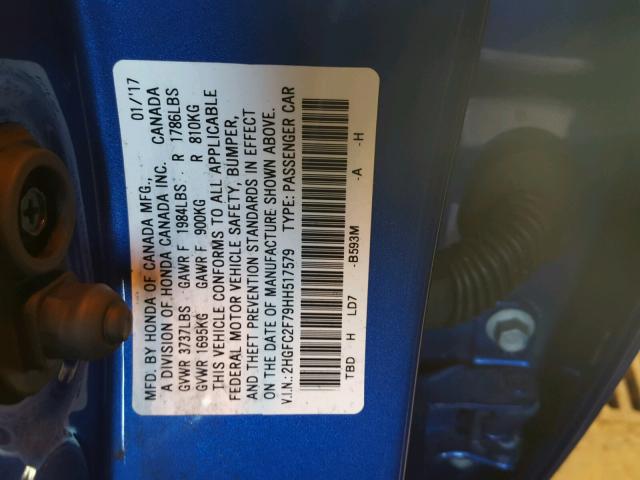 2HGFC2F79HH517579 - 2017 HONDA CIVIC EX ლურჯი ფოტო 10