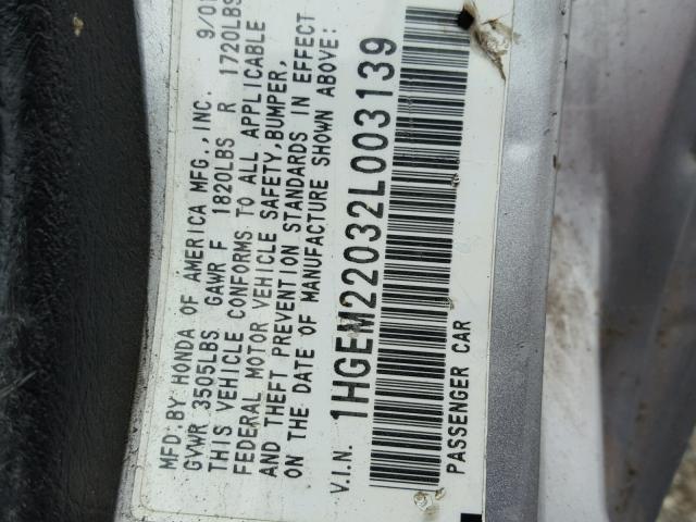 1HGEM22032L003139 - 2002 HONDA CIVIC EX SILVER photo 10