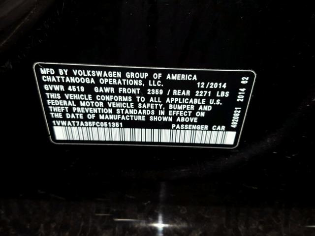 1VWAT7A35FC051351 - 2015 VOLKSWAGEN PASSAT S Սև լուսանկար 10