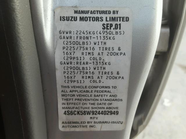 4S6CK58W924402949 - 2002 HONDA PASSPORT E SILVER photo 10