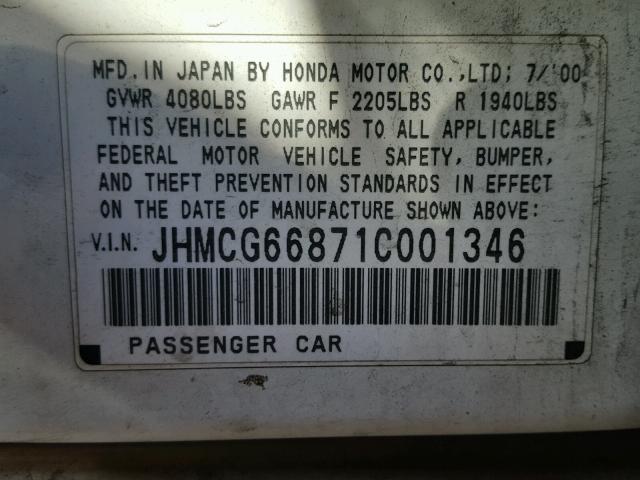 JHMCG66871C001346 - 2001 HONDA ACCORD EX WHITE photo 10