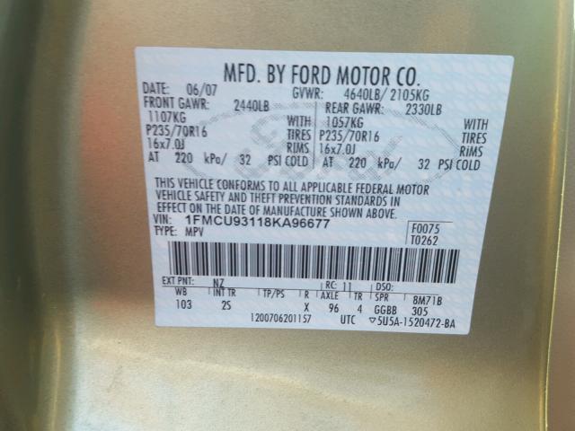 1FMCU93118KA96677 - 2008 FORD ESCAPE XLT GREEN photo 10