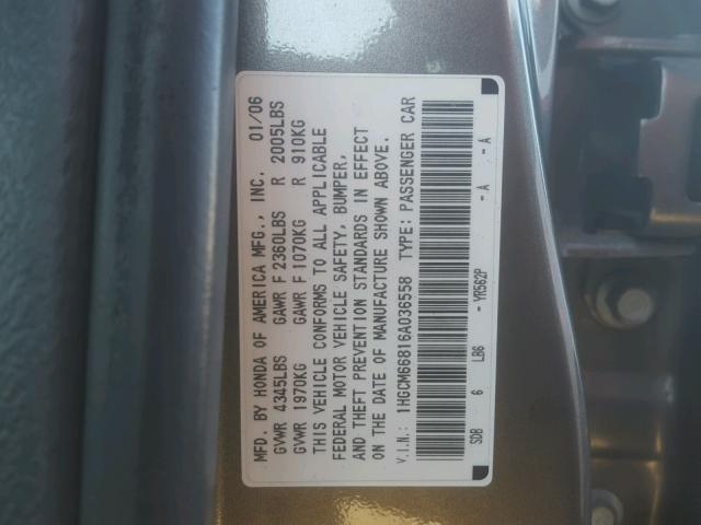 1HGCM66816A036558 - 2006 HONDA ACCORD EX GRAY photo 10