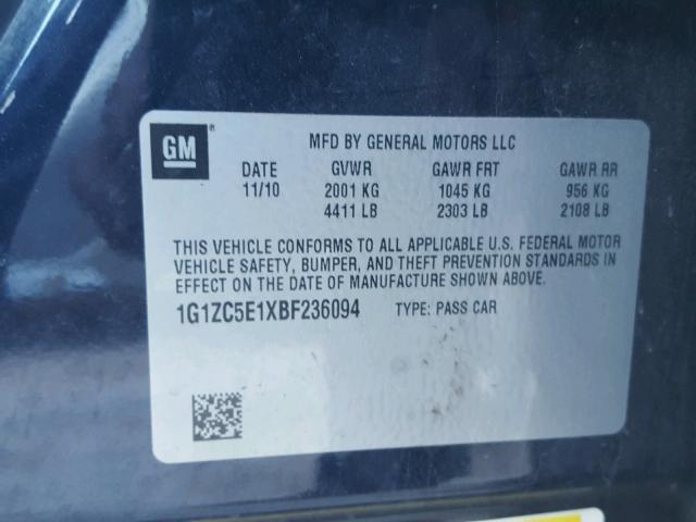 1G1ZC5E1XBF236094 - 2011 CHEVROLET MALIBU 1LT 蓝色 照片 10