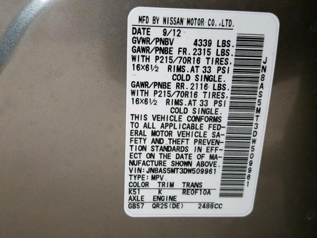 JN8AS5MT3DW509961 - 2013 NISSAN ROGUE S SILVER photo 10