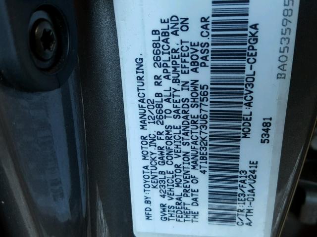 4T1BE32K73U677565 - 2003 TOYOTA CAMRY LE GRAY photo 10