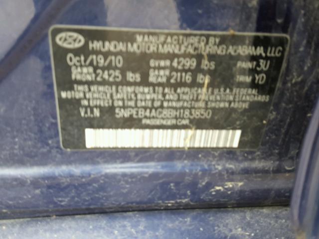 5NPEB4AC8BH183850 - 2011 HYUNDAI SONATA GLS PURPLE photo 10