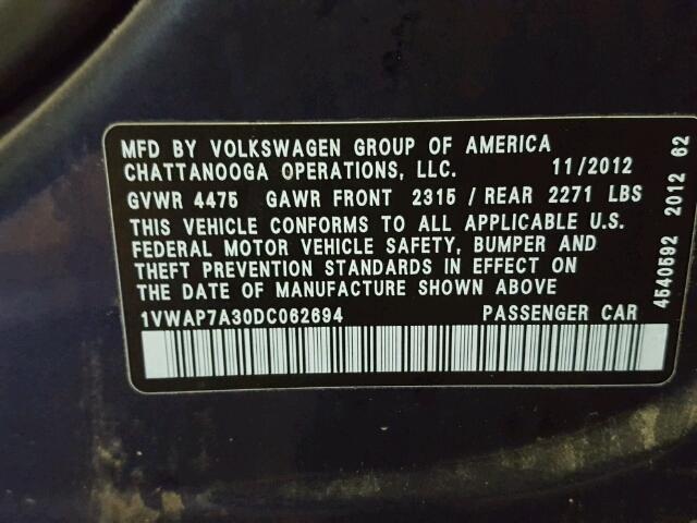 1VWAP7A30DC062694 - 2013 VOLKSWAGEN PASSAT S BLUE photo 10