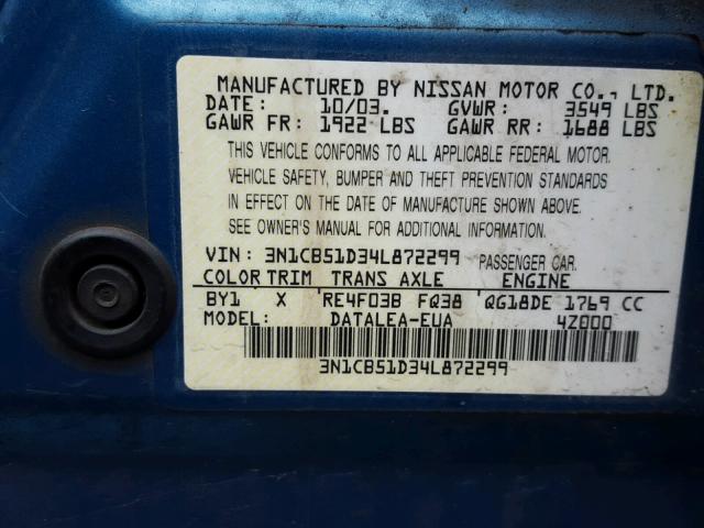 3N1CB51D34L872299 - 2004 NISSAN SENTRA 1.8 TEAL photo 10