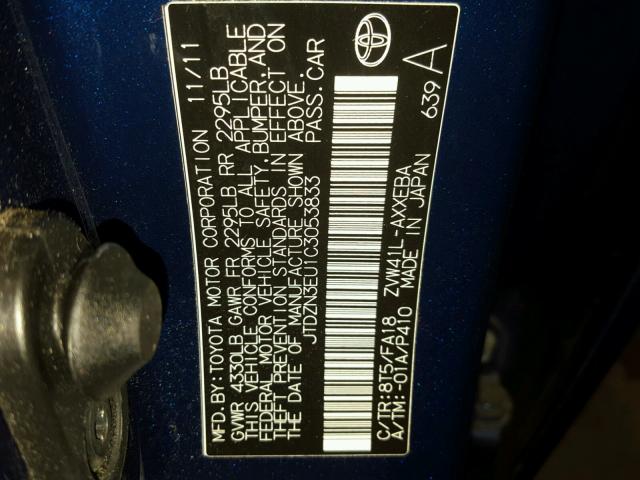 JTDZN3EU1C3053833 - 2012 TOYOTA PRIUS V BLUE photo 10