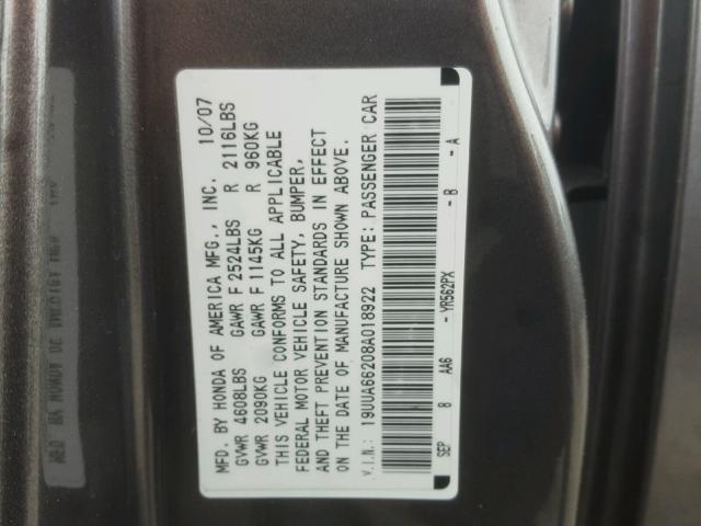 19UUA66208A018922 - 2008 ACURA TL GRAY photo 10