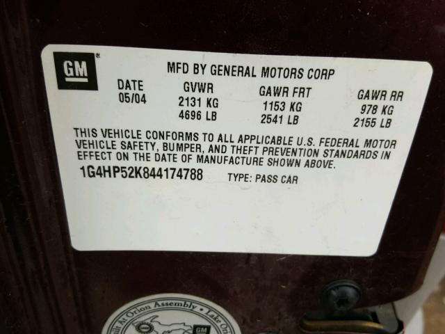 1G4HP52K844174788 - 2004 BUICK LESABRE CU BURGUNDY photo 10