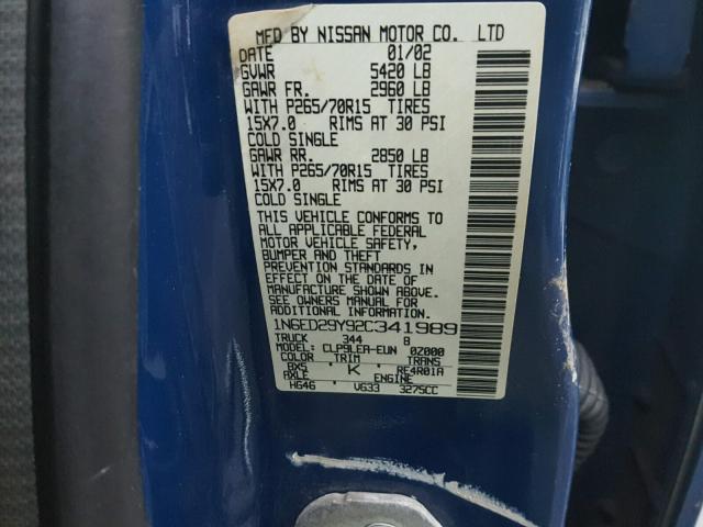 1N6ED29Y92C341989 - 2002 NISSAN FRONTIER C BLUE photo 10