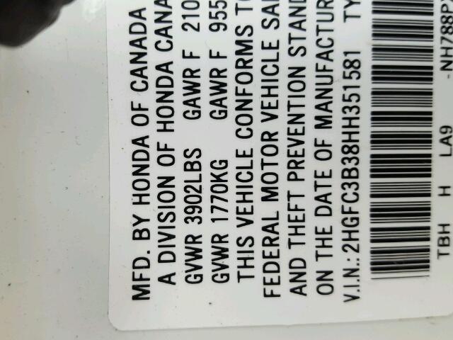 2HGFC3B38HH351581 - 2017 HONDA CIVIC EX თეთრი ფოტო 10