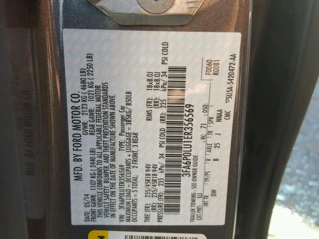 3FA6P0LU1ER356569 - 2014 FORD FUSION SE GRAY photo 10