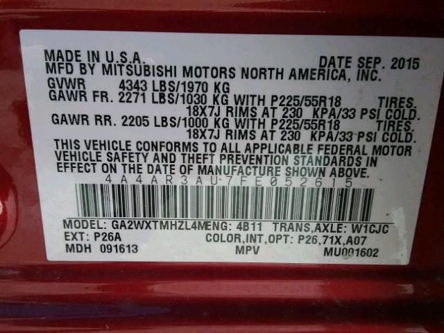 4A4AR3AU7FE052615 - 2015 MITSUBISHI OUTLANDER MAROON photo 10