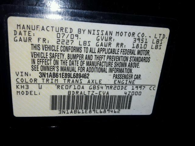 3N1AB61E89L689462 - 2009 NISSAN SENTRA 2.0 BLACK photo 10