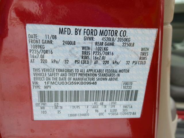1FMCU03G59KB09948 - 2009 FORD ESCAPE XLT RED photo 10