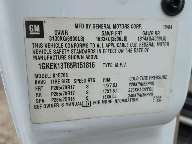 1GKEK13T65R151816 - 2005 GMC YUKON WHITE photo 10