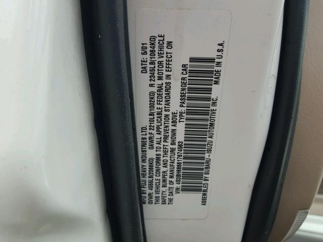 4S3BH686617674563 - 2001 SUBARU LEGACY OUT WHITE photo 10