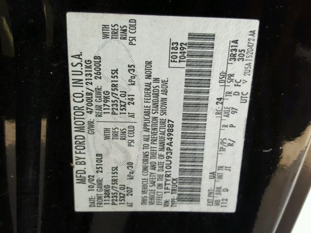 1FTYR10U93PA49887 - 2003 FORD RANGER BLACK photo 10