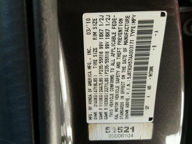 5J8TB2H57AA003171 - 2010 ACURA RDX TECHNO GRAY photo 10