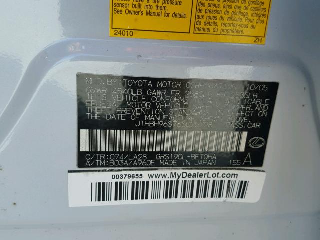 JTHBH96S765025728 - 2006 LEXUS GS GENERAT SILVER photo 10