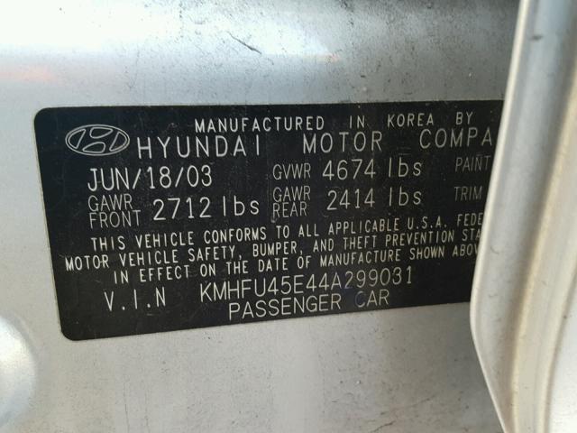 KMHFU45E44A299031 - 2004 HYUNDAI XG 350 SILVER photo 10