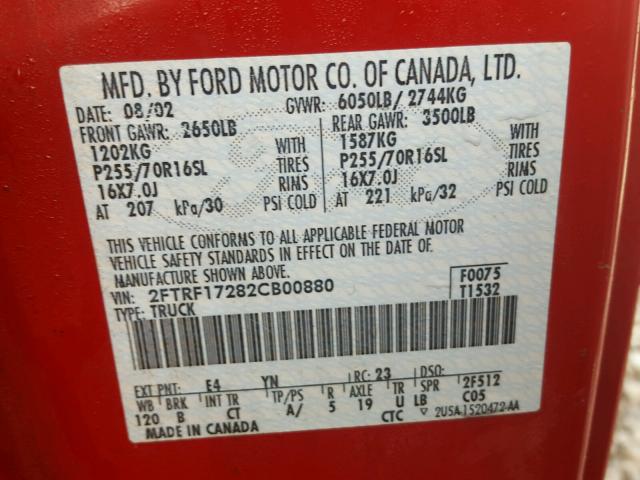 2FTRF17282CB00880 - 2002 FORD F150 Qırmızı foto 10