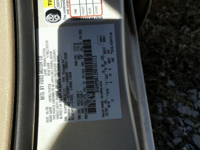 3FAHP08139R101113 - 2009 FORD FUSION SEL BEIGE photo 10