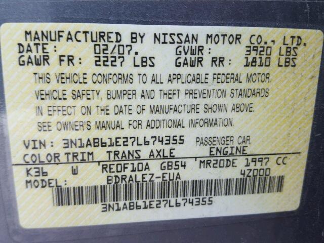 3N1AB61E27L674355 - 2007 NISSAN SENTRA 2.0 GRAY photo 10