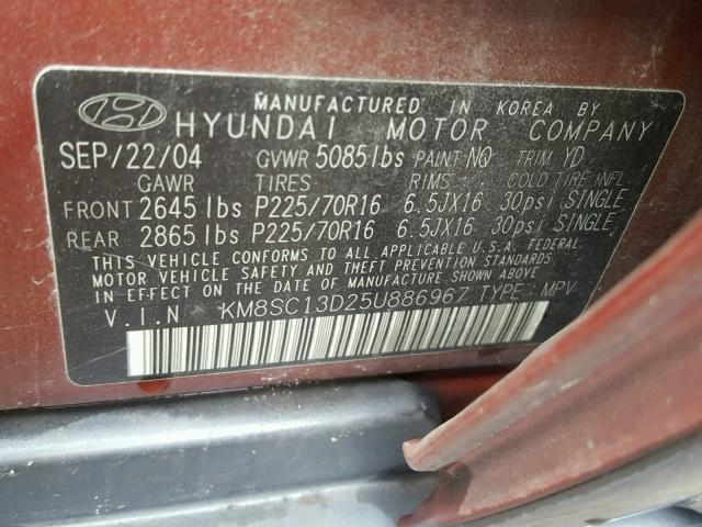 KM8SC13D25U886967 - 2005 HYUNDAI SANTA FE G RED photo 10