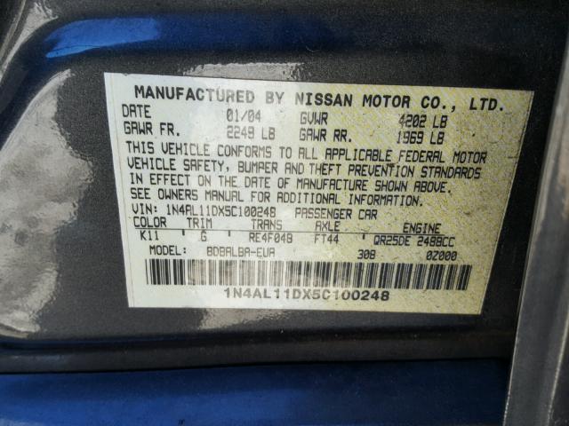 1N4AL11DX5C100248 - 2005 NISSAN ALTIMA S GRAY photo 10