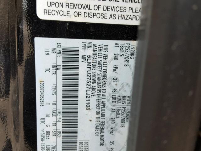 5LMFU27527LJ21108 - 2007 LINCOLN NAVIGATOR BLACK photo 10