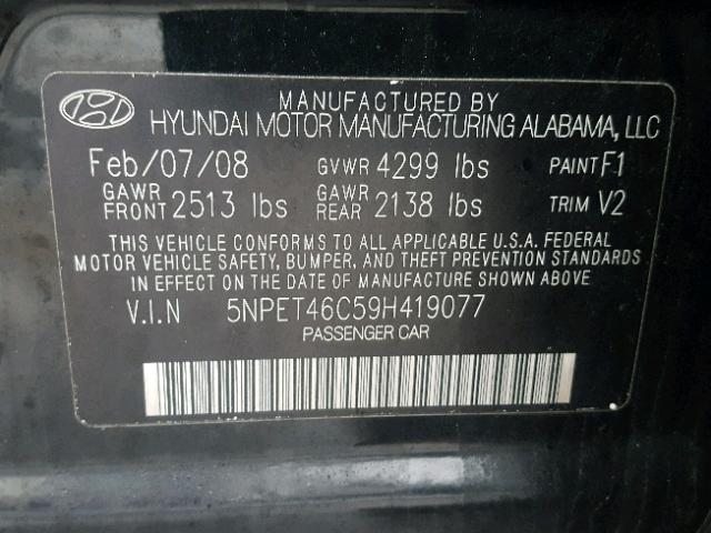 5NPET46C59H419077 - 2009 HYUNDAI SONATA GLS BLACK photo 10