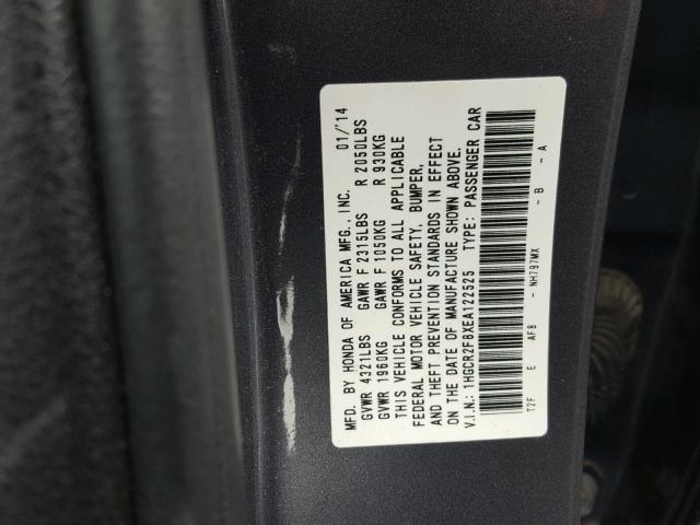 1HGCR2F8XEA122525 - 2014 HONDA ACCORD EXL GRAY photo 10