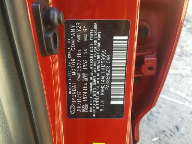 KMHCT4AE1HU359959 - 2017 HYUNDAI ACCENT SE RED photo 10