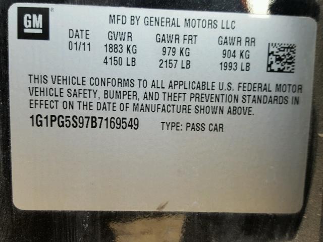 1G1PG5S97B7169549 - 2011 CHEVROLET CRUZE LT BLACK photo 10