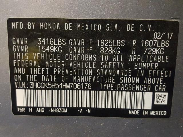 3HGGK5H54HM706176 - 2017 HONDA FIT LX SILVER photo 10