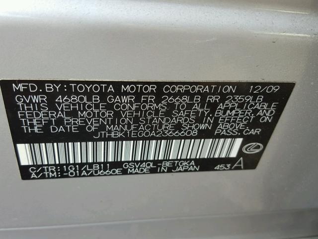 JTHBK1EG0A2366608 - 2010 LEXUS ES 350 SILVER photo 10