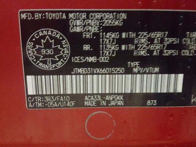 JTMBD31VX66015250 - 2006 TOYOTA RAV4 LIMIT RED photo 10