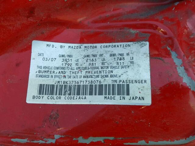 JM1BK323671738076 - 2007 MAZDA 3 S RED photo 10