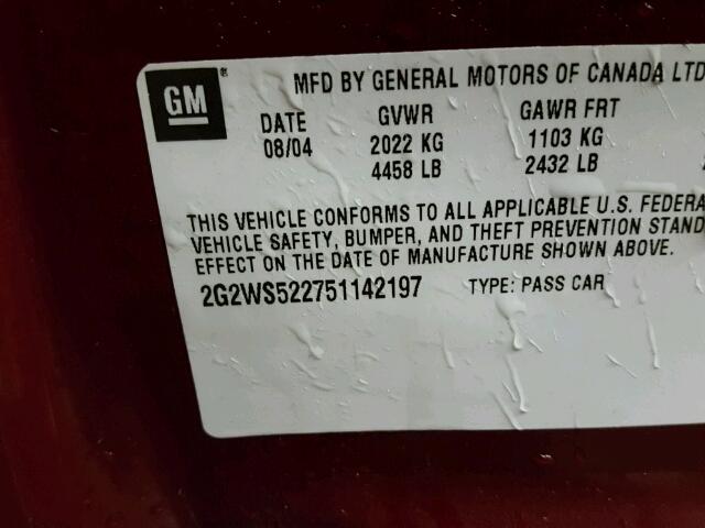 2G2WS522751142197 - 2005 PONTIAC GRAND PRIX Tünd qırmızı foto 10