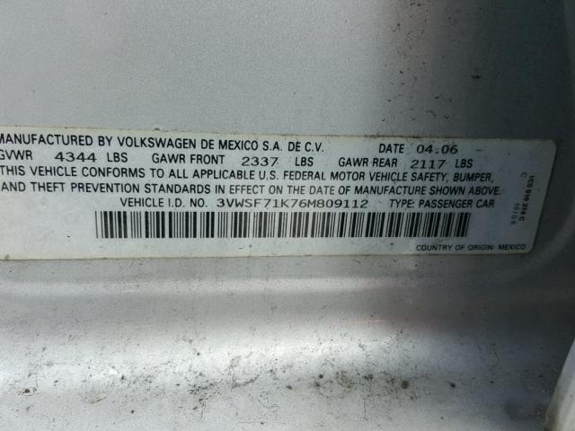 3VWSF71K76M809112 - 2006 VOLKSWAGEN JETTA 2.5 GRAY photo 10