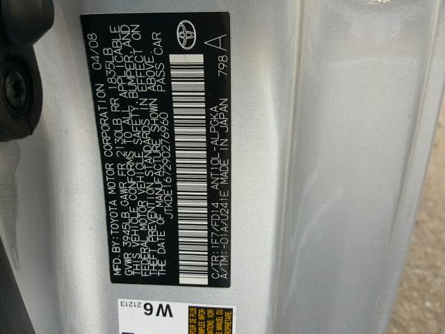 JTKDE167290276960 - 2009 TOYOTA SCION TC 银色 照片 10