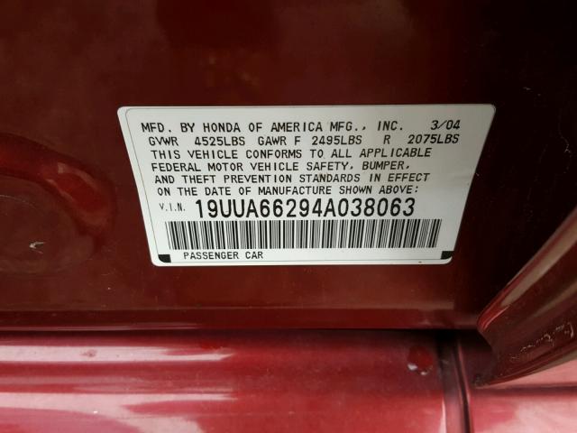 19UUA66294A038063 - 2004 ACURA TL BURGUNDY photo 10