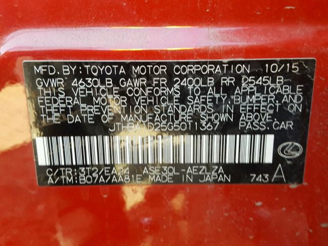 JTHBA1D25G5011367 - 2016 LEXUS IS 200T RED photo 10